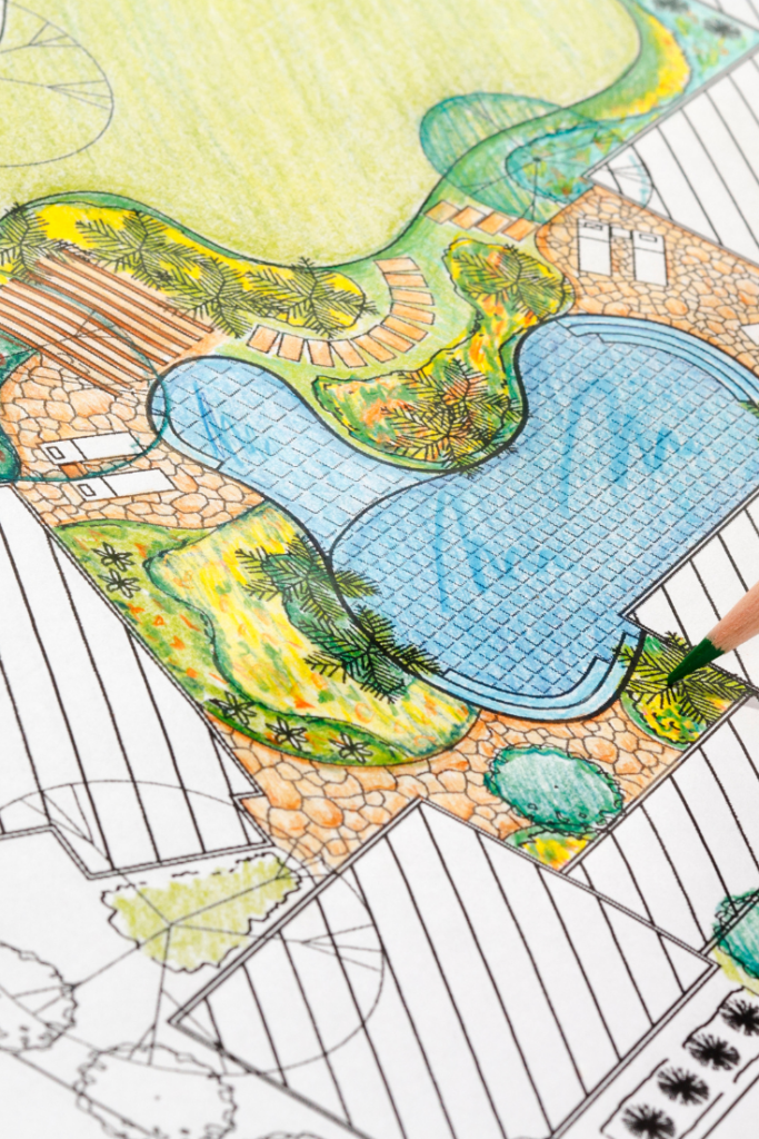 Burreau d'études - Dessin Plan paysager aquarelle avec piscine, conçu par notre bureau d'études interne