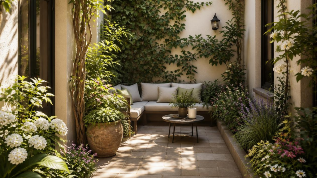 cour intérieure Cour intérieure végétalisée à Paris avec banquette sur mesure, plantes grimpantes et massifs paysagers illustrant les contraintes techniques d'un projet d'aménagement.