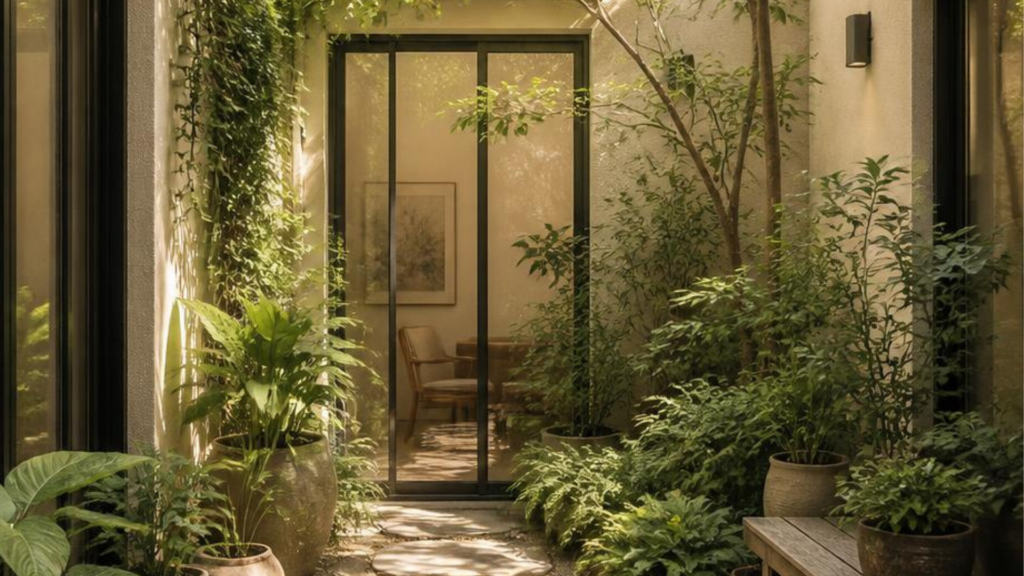 cour intérieure Cour intérieure végétalisée à Paris avec arbres, plantes d'ombre et façade contemporaine illustrant un aménagement paysager adapté aux contraintes techniques en milieu urbain.