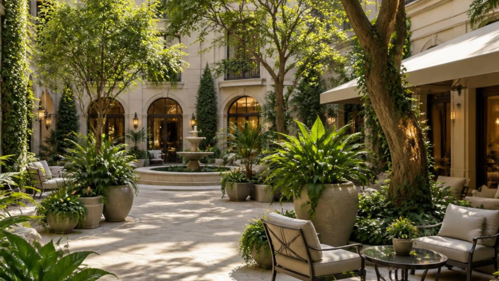 Cour intérieure hôtel Grande cour intérieure végétalisée d'un hôtel particulier à Paris avec fontaine, arbres d'ombrage et aménagement paysager de prestige réalisé par un paysagiste de luxe.