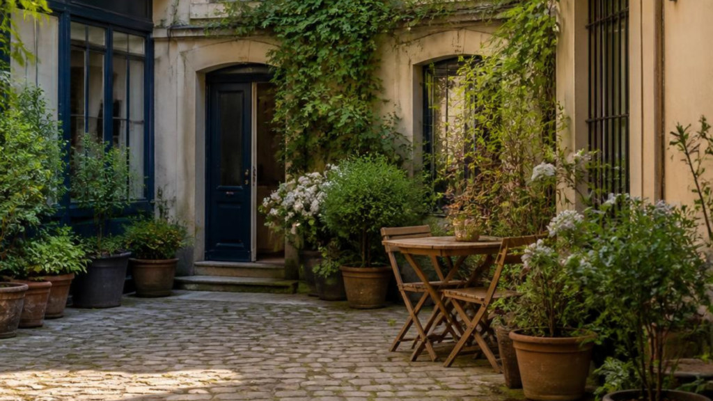 cour intérieure Petite cour intérieure parisienne végétalisée avec pavés anciens, plantes grimpantes, pots fleuris et mobilier en bois pour un aménagement paysager élégant en cœur de ville.