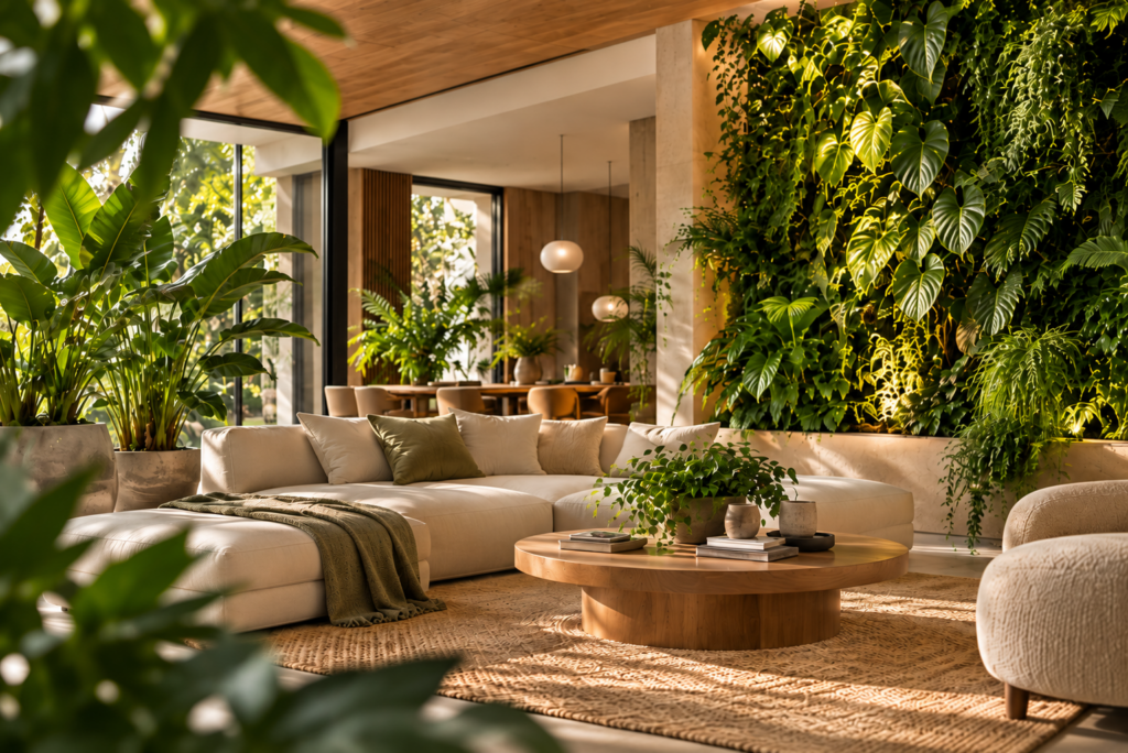 Maison intérieur Salon lumineux ouvert sur un jardin, avec un grand mur de plantes tropicales éclairé, des strelitzias en pots, un canapé blanc et une table basse en bois
