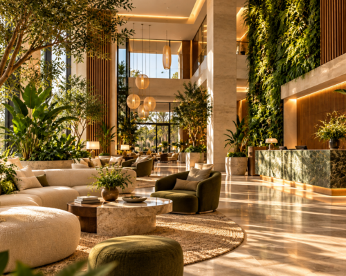 Hall d'hôtel Hall d'hôtel baigné de lumière, avec un mur de plantes sur toute la hauteur, des arbres et grandes plantes en bacs, un comptoir d'accueil en marbre vert et des salons en velours olive