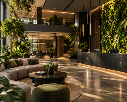Hall d'entreprise Hall d'accueil d'entreprise aux tons sombres, avec un mur de plantes éclairé derrière un comptoir en marbre noir, des arbres en bacs et un escalier menant à une mezzanine plantée