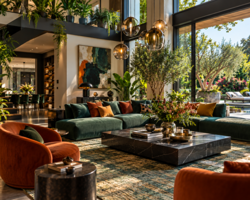 Intérieur maison Salon double hauteur d'une demeure ouvert sur un jardin avec piscine, avec un olivier en pot, des plantes retombantes en mezzanine et des canapés en velours vert