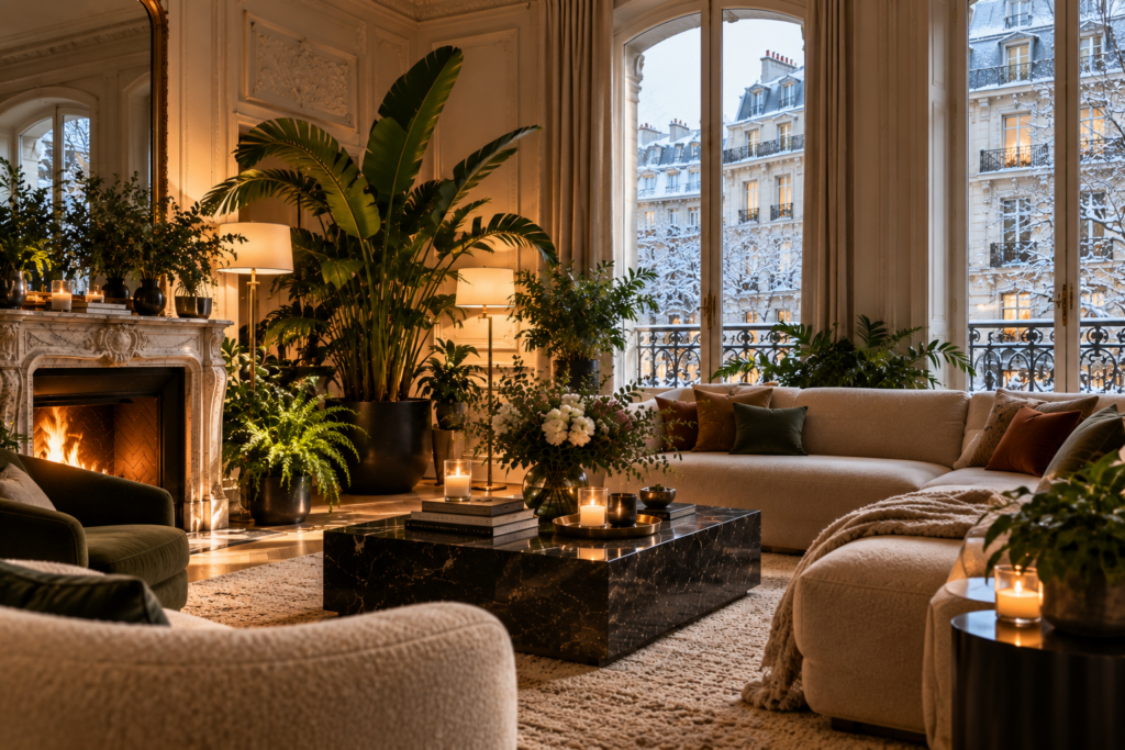 Maison intérieur Salon haussmannien en hiver, avec un grand strelitzia en pot, des fougères et des plantes près d'une cheminée allumée, devant des fenêtres donnant sur des façades enneigées