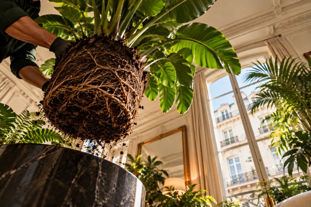 Plante Mains gantées d'un jardinier soulevant la motte racinaire d'un strelitzia au-dessus d'un bac en marbre noir, dans un salon haussmannien lumineux