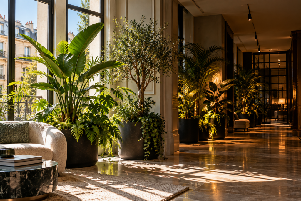 Hall d'hôtel Galerie d'un bâtiment haussmannien où strelitzia, olivier, palmiers et fougères en grands bacs noirs s'alignent le long des fenêtres, puis dans un couloir éclairé par des spots