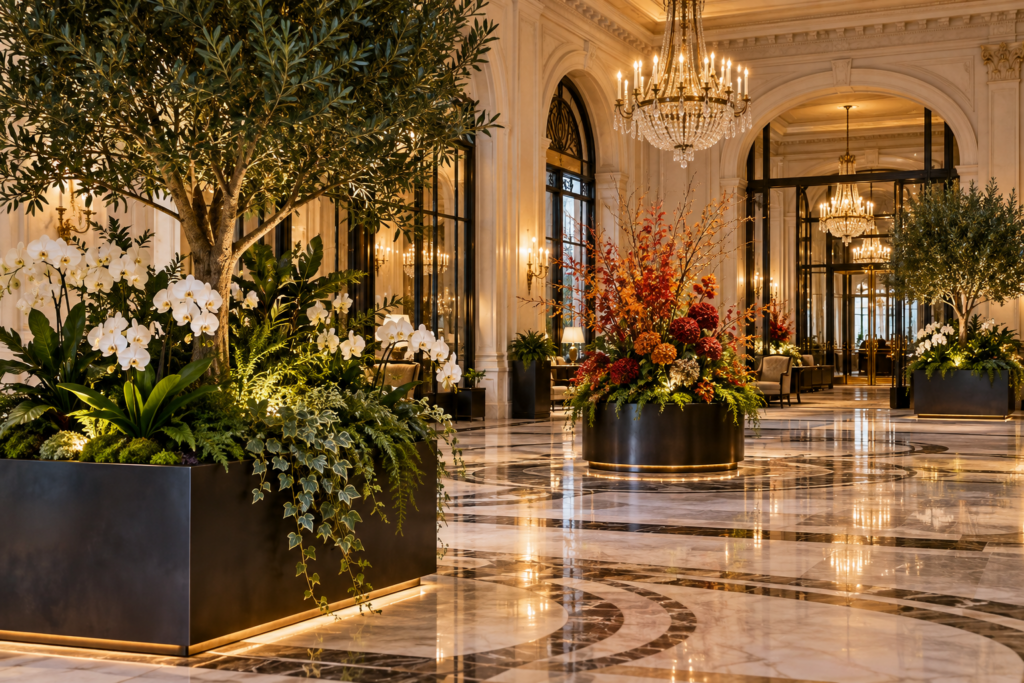 Hall d'hôtel Aménagement végétal d'un paysagiste d'intérieur dans un hall d'hôtel : olivier en bac, orchidées blanches et composition florale d'automne sous les lustres