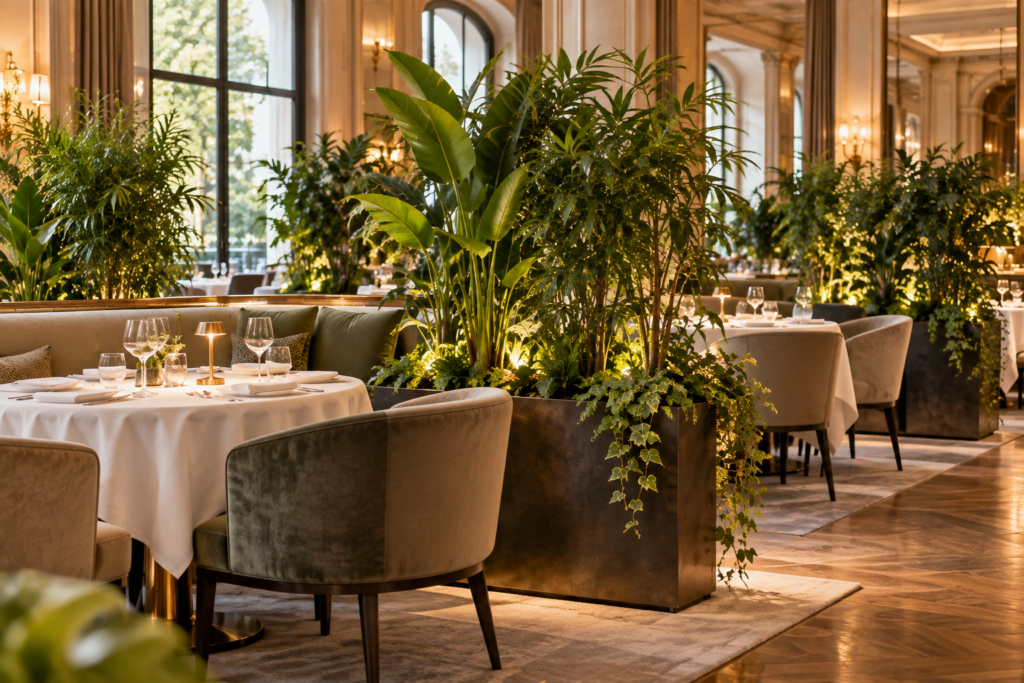 restaurant Aménagement d'un paysagiste d'intérieur en restaurant : bacs en métal plantés formant des écrans végétaux entre les tables dressées