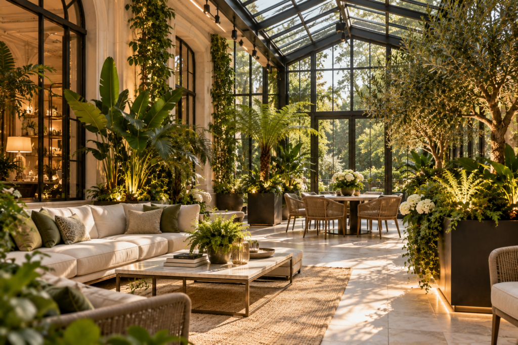 Maison Aménagement d'un paysagiste d'intérieur en restaurant : bacs en métal plantés formant des écrans végétaux entre les tables dressées