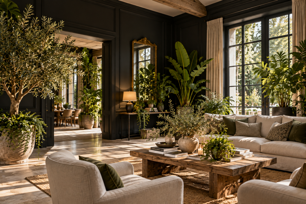 Maison salon Salon d'une demeure aux boiseries sombres végétalisé d'un olivier en pot, de strelitzias et de fougères autour d'une table basse en bois massif