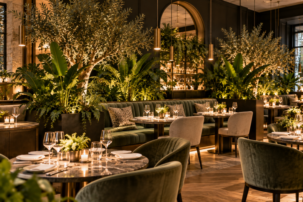 Paysagiste intérieur pour restaurant avec scénographie végétale, plantes luxuriantes et aménagement créant une ambiance élégante et intimiste.