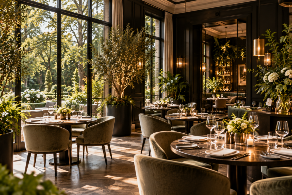 Scénographie végétale en restaurant : olivier en bac, fougères et bouquets blancs entre les tables, face à un jardin