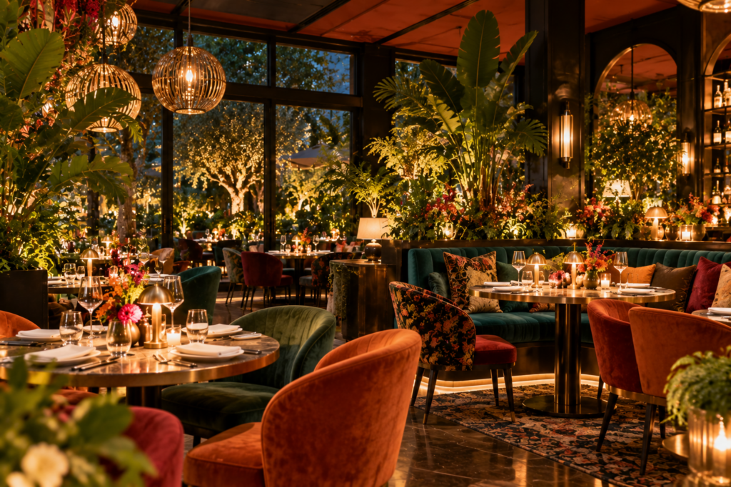 Salle de restaurant le soir, feuillages tropicaux et compositions fleuries mis en lumière par un éclairage paysager tamisé