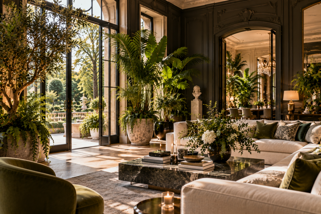 Salon maison Salon d'une demeure de prestige végétalisé par un olivier, des palmiers et des fougères, ouvert sur une terrasse et un jardin