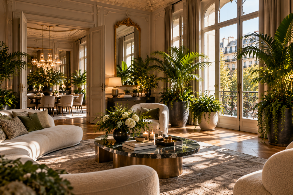 Salon maison Salon haussmannien végétalisé de palmiers et fougères en pots, avec de hautes fenêtres ouvertes sur un balcon et la ville