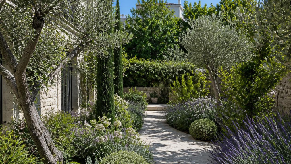 Jardin méditerranéen Jardin méditerranéen à Paris avec oliviers, cyprès, lavandes et allée en pierre naturelle dans un écrin de verdure.