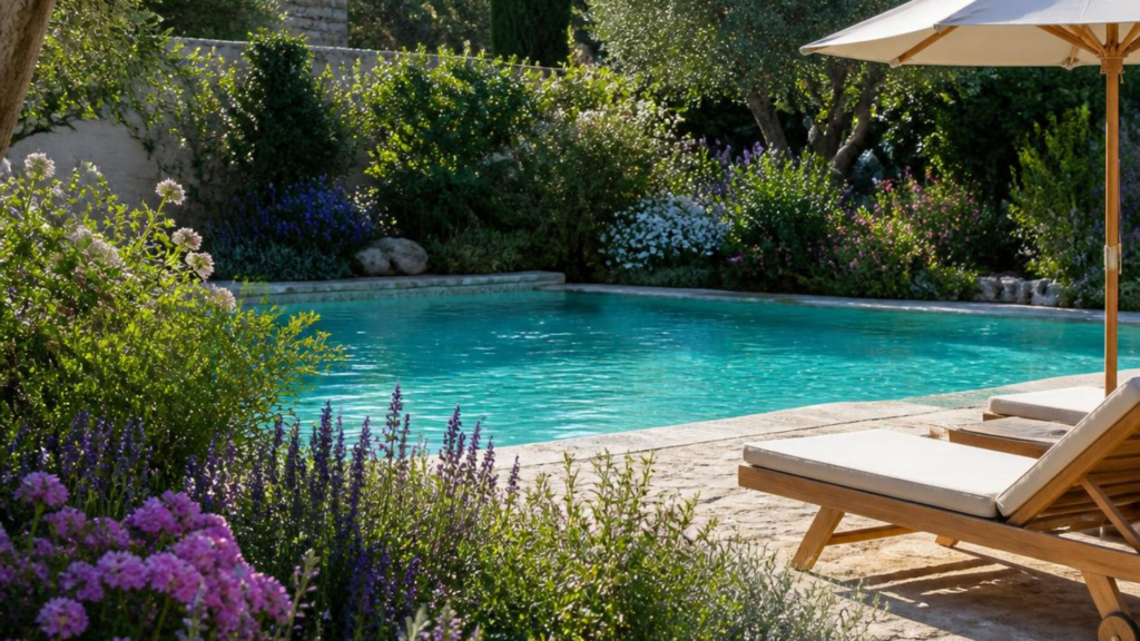 Jardin méditerranéen Jardin méditerranéen avec piscine, terrasse en pierre naturelle, massifs fleuris et végétation luxuriante autour d’un espace de détente.