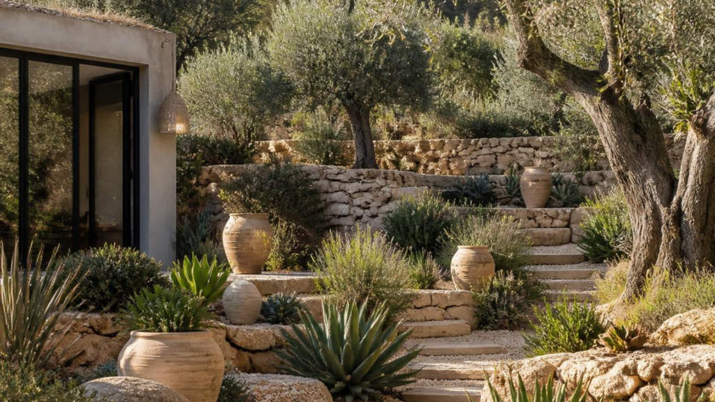 Jardin méditerranéen Conception d’un jardin méditerranéen écologique avec oliviers, plantes résistantes à la sécheresse, murets en pierre naturelle et aménagement à faible impact environnemental.