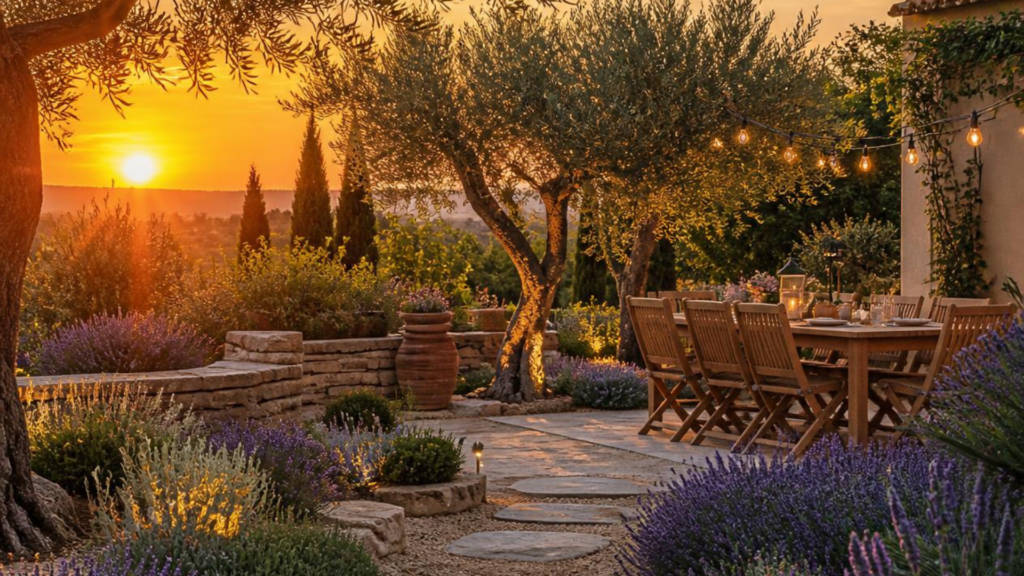 Jardin méditerranéen Jardin méditerranéen aménagé avec oliviers, cyprès, lavandes, terrasse en pierre naturelle et espace repas extérieur au coucher du soleil.