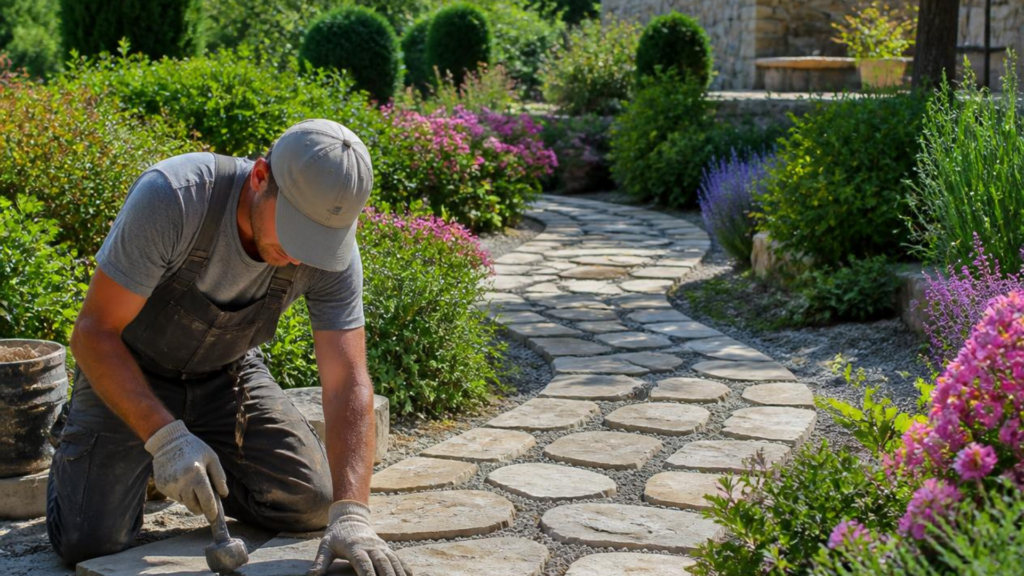 Maçon paysagiste réalisant une allée en pierre naturelle au cœur d’un jardin paysager, illustrant le rôle précis du maçon paysagiste.