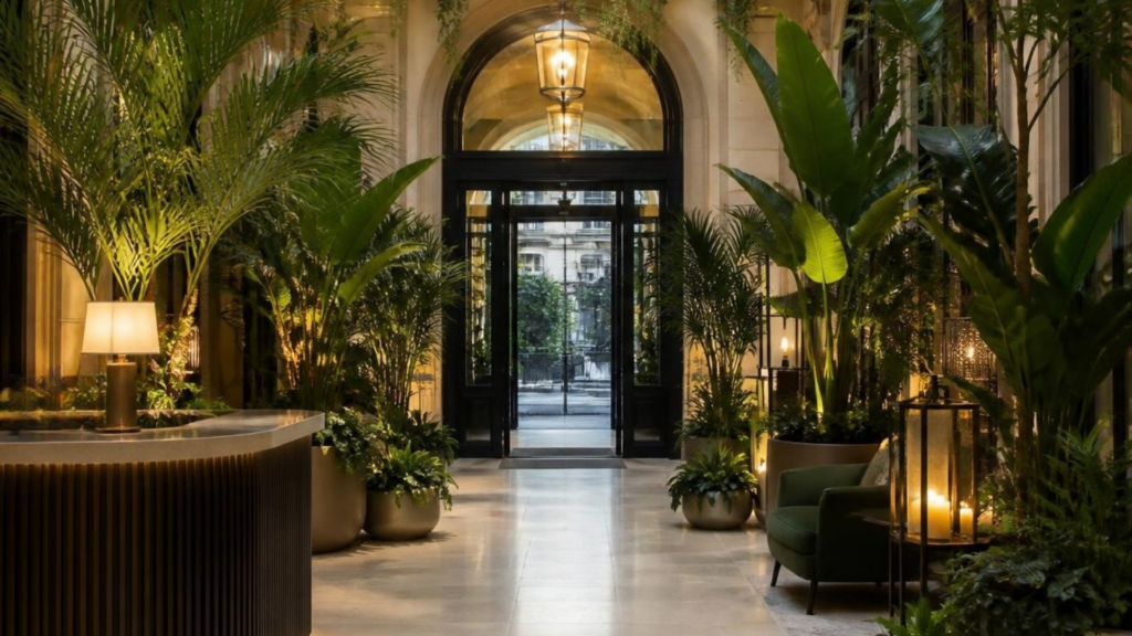 Hall d'hôtel Hall d'hôtel de prestige végétalisé avec palmiers et grands sujets en pots, éclairage chaleureux et fauteuil en velours vert près de l'entrée