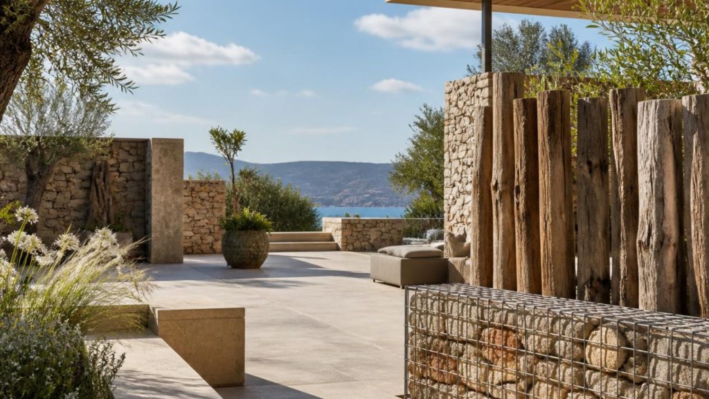 Aménagement paysager haut de gamme avec terrasse en pierre, gabions, palissade en bois et végétation méditerranéenne avec vue panoramique.