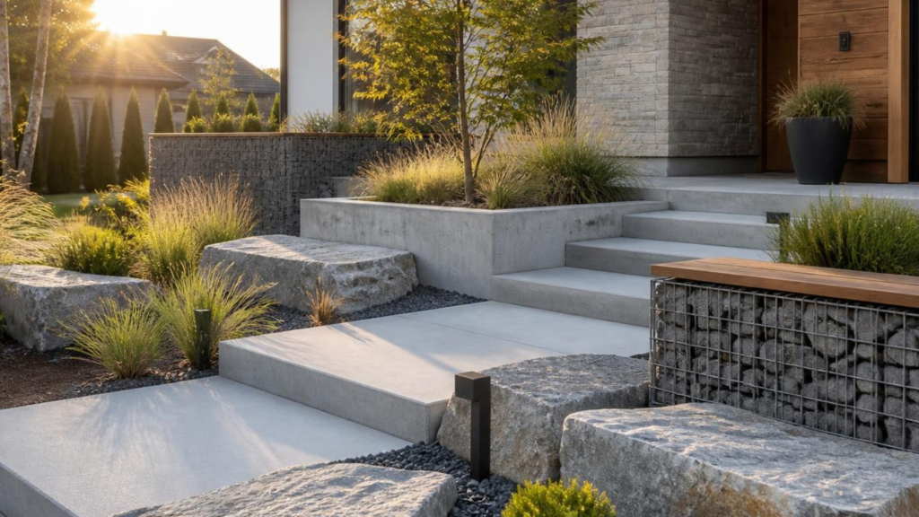 Aménagement paysager contemporain avec escaliers en pierre, murets, gabions et plantations autour d’une maison moderne.
